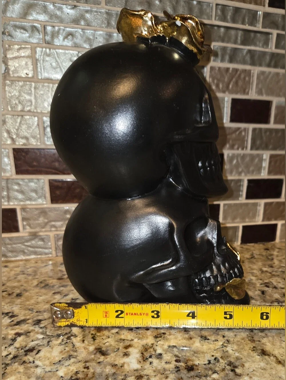 Black Resin Halloween Decorative Stacked Skull Accent with Gold Roses Decoration